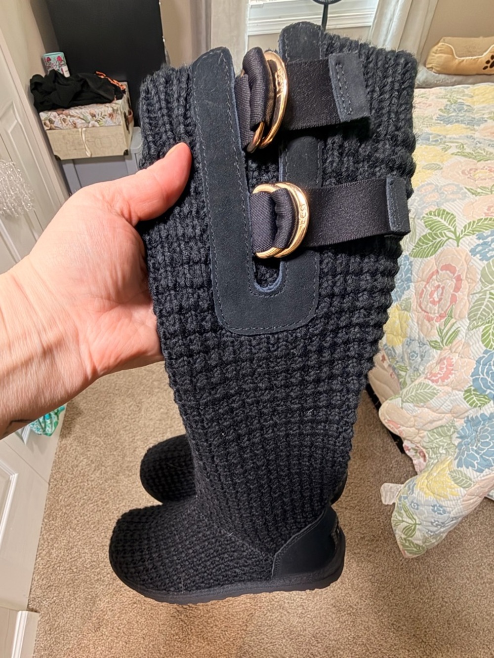 UGG Black Knit Tall Winter Boots with Gold Buckles
